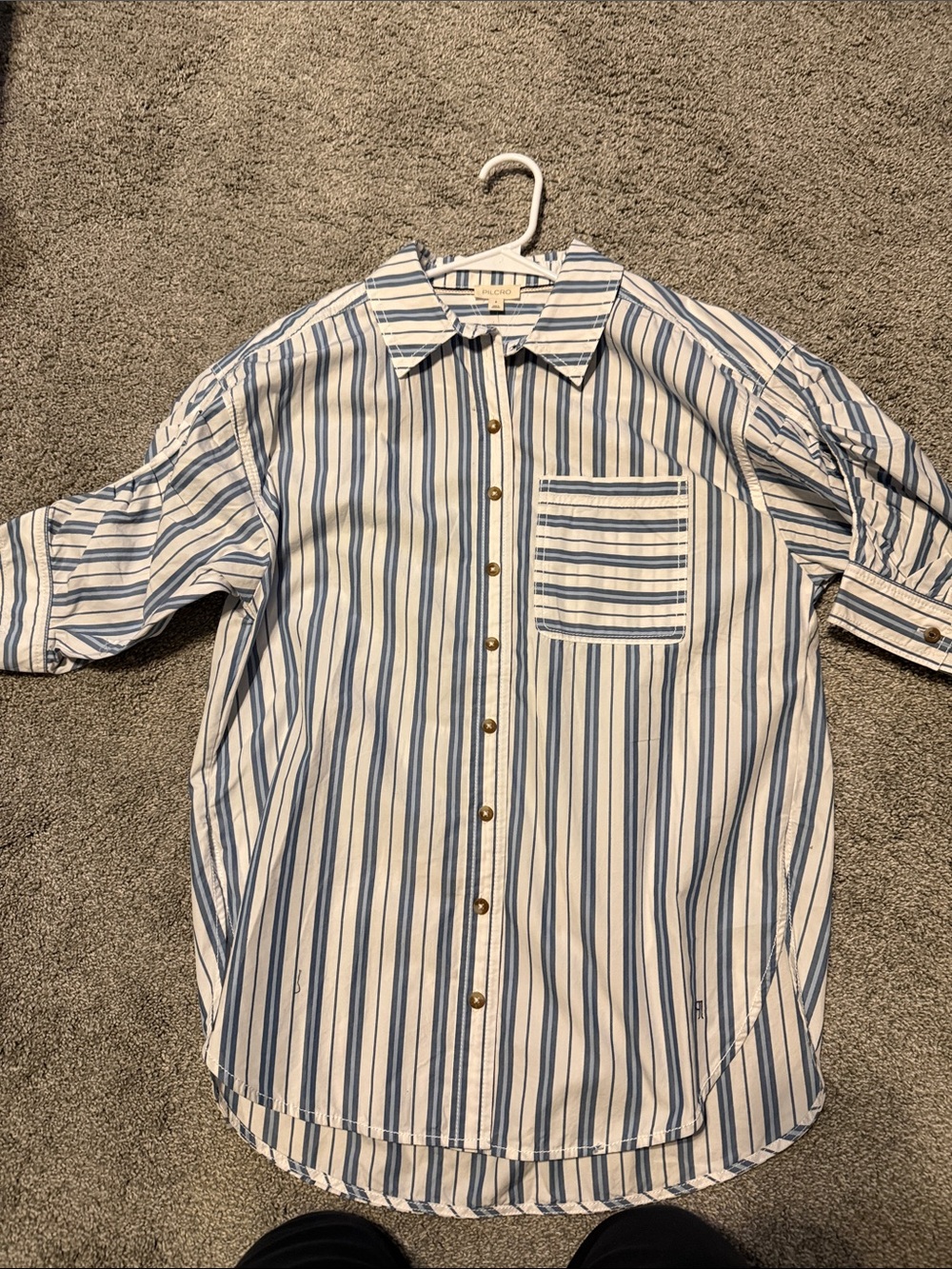 Pilcro Ruched Sleeve Light Blue Striped Button-Up Shirt